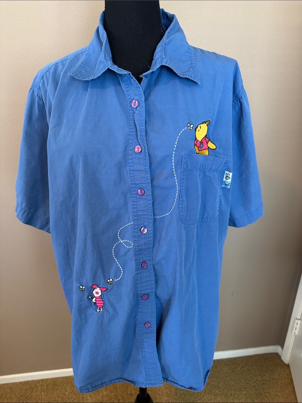 Bintage Blue Winnie the Pooh Embroidered Button-Up Shirt XL